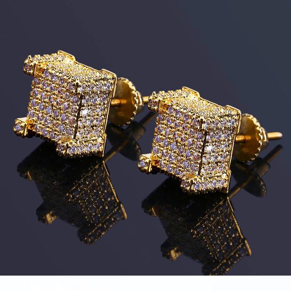 hiphop gold plated earrings for men bling cubic zirconia hip hop ear studs brand design gem silver plated jewelry ing, Golden;silver